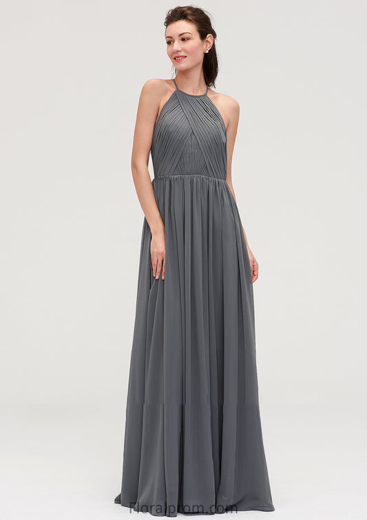 Sleeveless Halter Chiffon A-line/Princess Long/Floor-Length Bridesmaid Dresseses With Pleated Vanessa HJP0025466