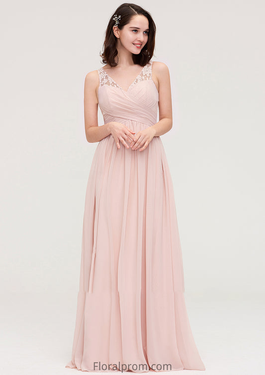 Sleeveless V Neck Long/Floor-Length Chiffon A-line/Princess Bridesmaid Dresses With Pleated Appliqued Lea HJP0025467