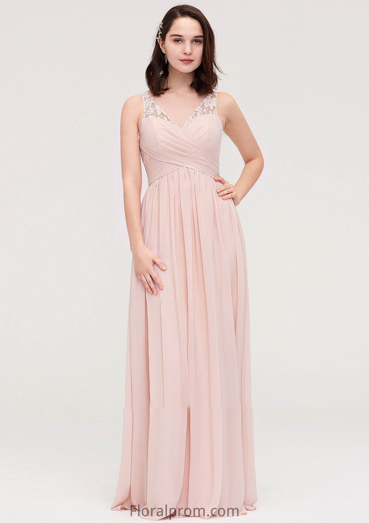 Sleeveless V Neck Long/Floor-Length Chiffon A-line/Princess Bridesmaid Dresses With Pleated Appliqued Lea HJP0025467