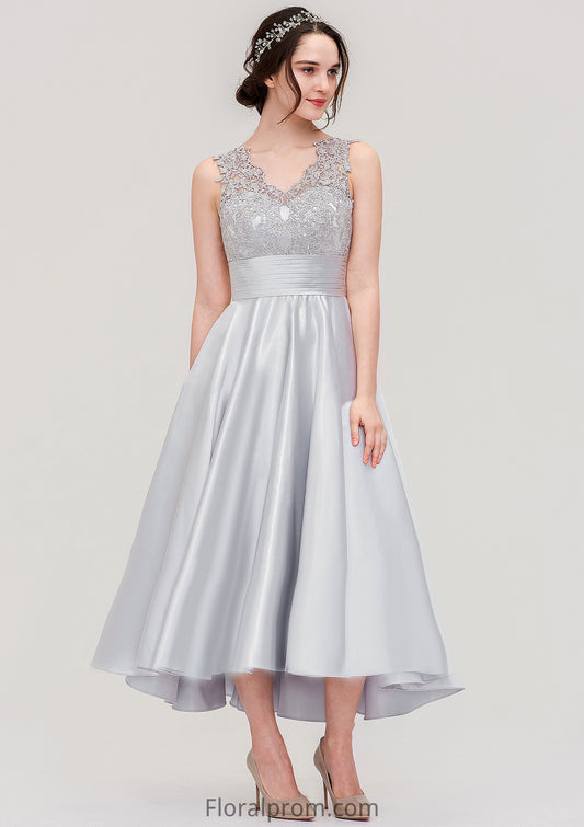 Sleeveless V Neck Asymmetrical Satin A-line/Princess Bridesmaid Dresses With Pleated Lace Kim HJP0025468