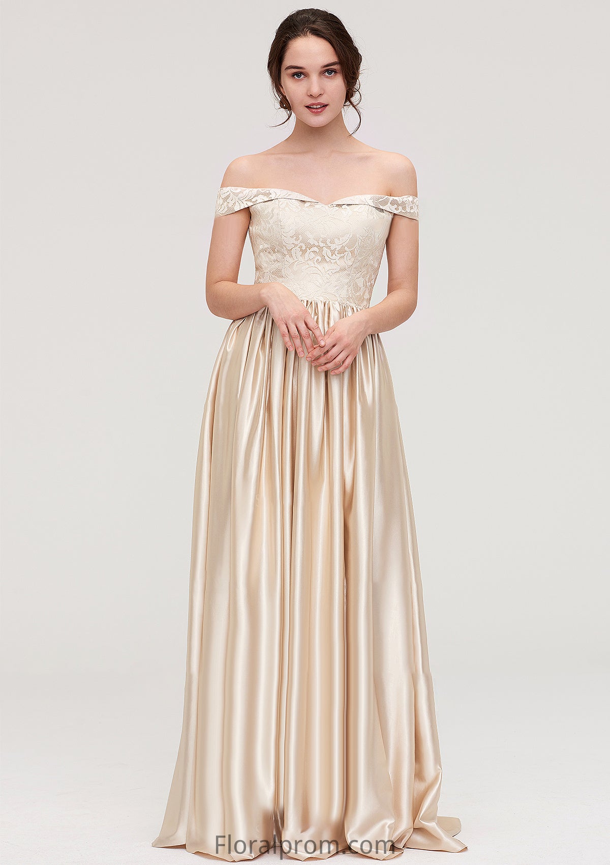 Off-the-Shoulder SleevelessA-line/Princess Charmeuse  Long/Floor-Length Bridesmaid Dresses With Appliqued Sandra HJP0025469