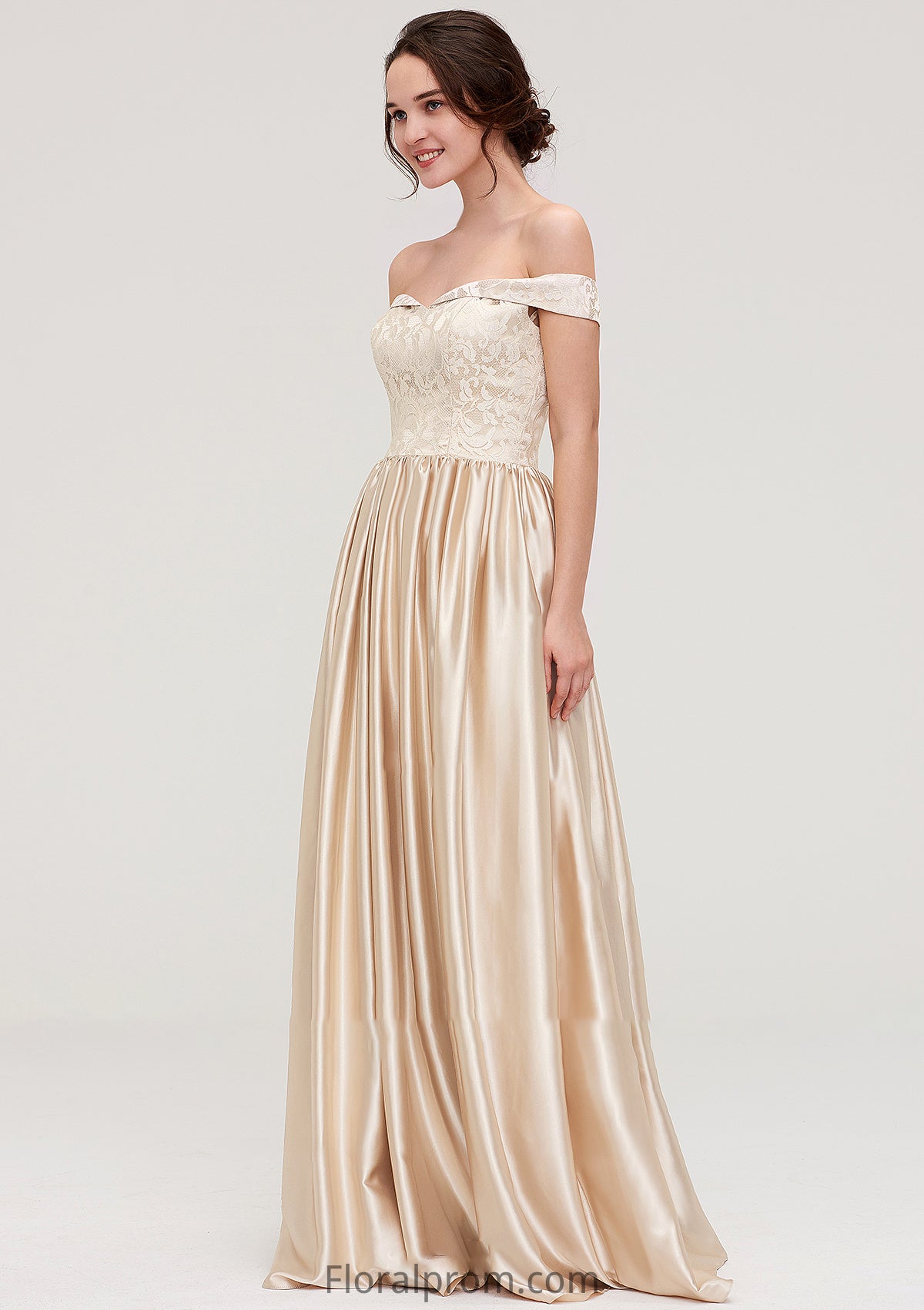 Off-the-Shoulder SleevelessA-line/Princess Charmeuse  Long/Floor-Length Bridesmaid Dresses With Appliqued Sandra HJP0025469