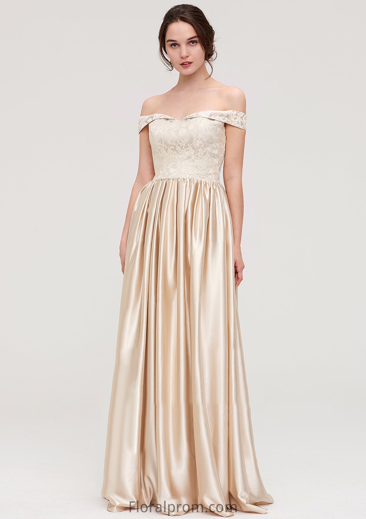 Off-the-Shoulder SleevelessA-line/Princess Charmeuse  Long/Floor-Length Bridesmaid Dresses With Appliqued Sandra HJP0025469