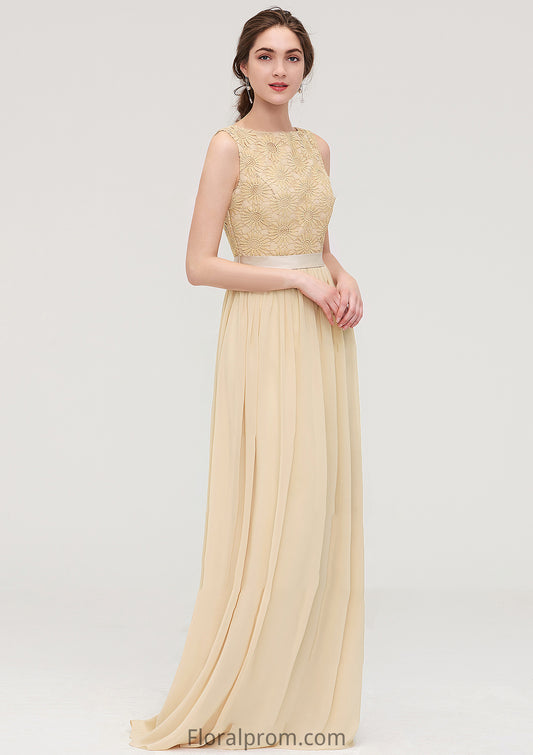 Bateau Sleeveless A-line/Princess Chiffon Long/Floor-Length Bridesmaid Dresses With Sashes Lace Mariana HJP0025472