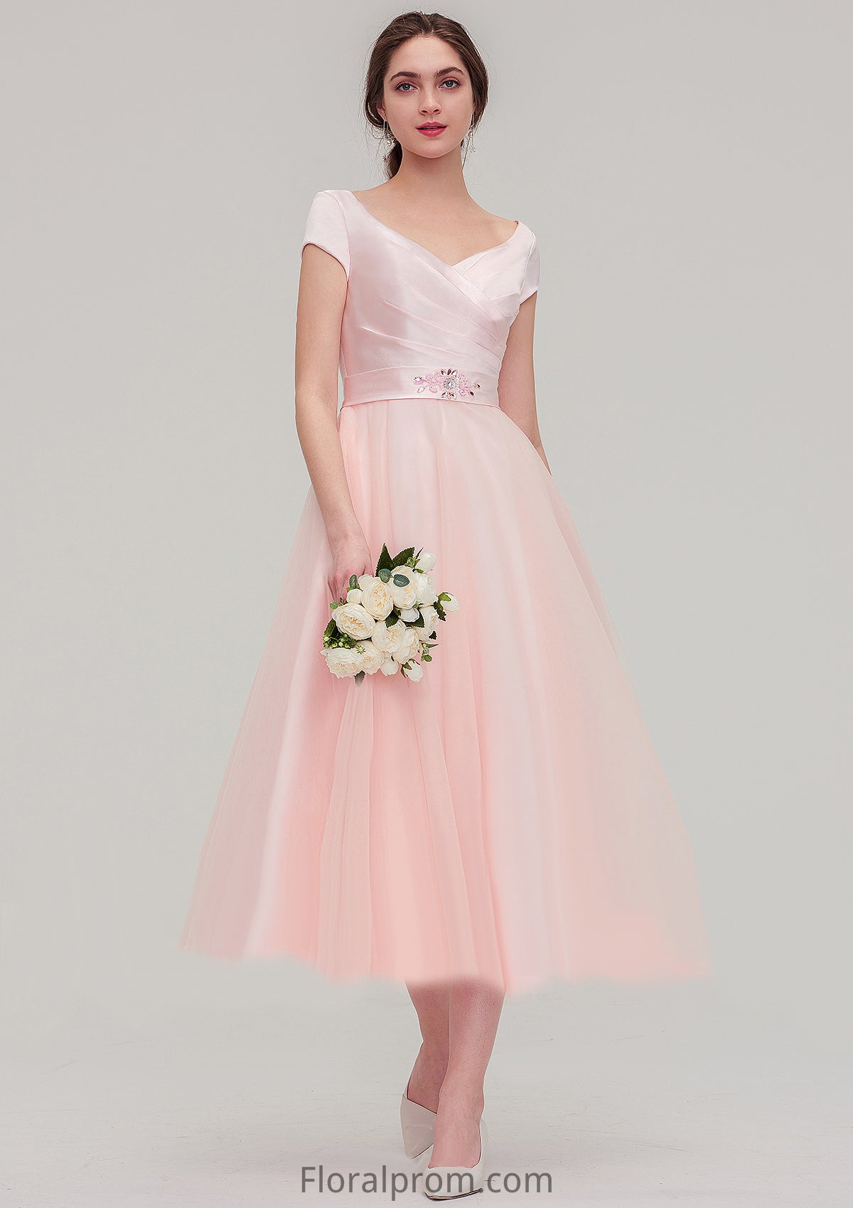 Sweetheart Short Sleeve Tea-Length Tulle A-line/Princess Bridesmaid Dresses With Waistband Beading Pleated Vivien HJP0025473