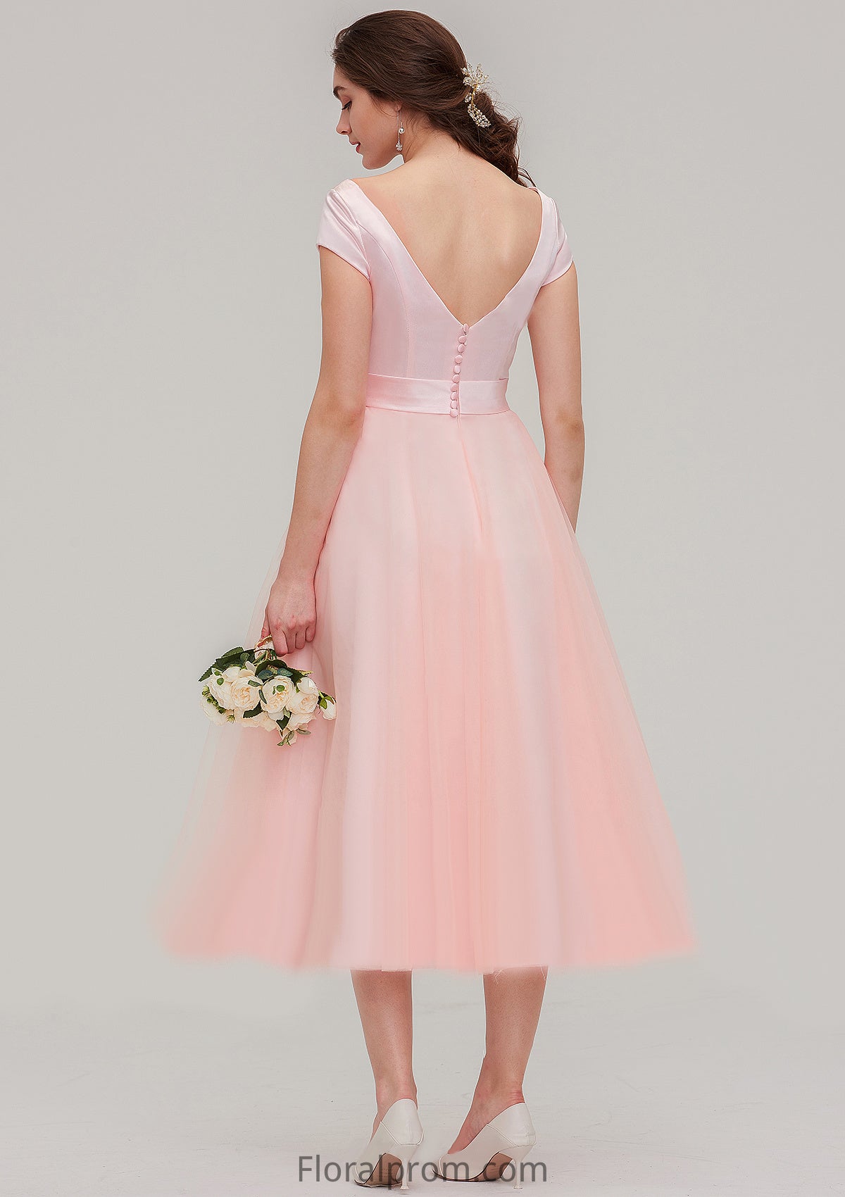 Sweetheart Short Sleeve Tea-Length Tulle A-line/Princess Bridesmaid Dresses With Waistband Beading Pleated Vivien HJP0025473