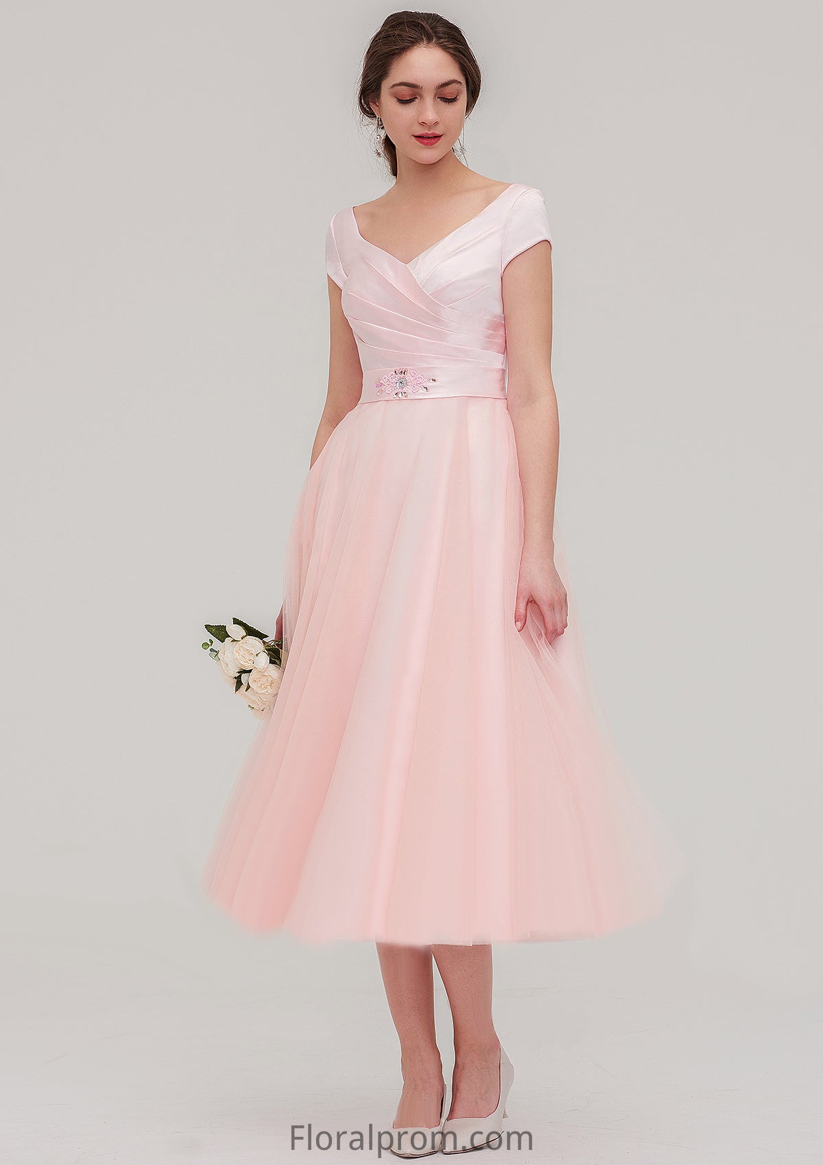 Sweetheart Short Sleeve Tea-Length Tulle A-line/Princess Bridesmaid Dresses With Waistband Beading Pleated Vivien HJP0025473