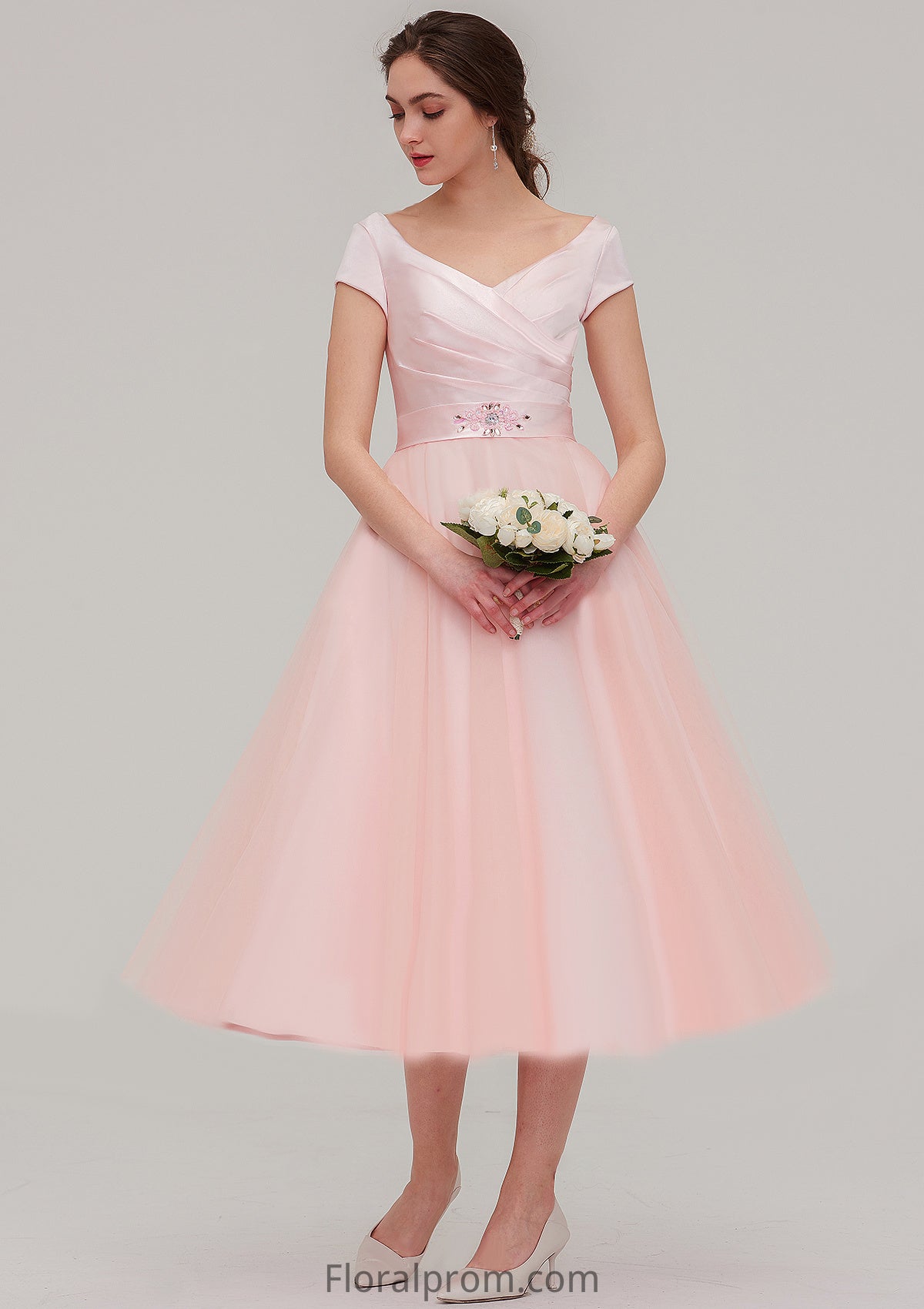 Sweetheart Short Sleeve Tea-Length Tulle A-line/Princess Bridesmaid Dresses With Waistband Beading Pleated Vivien HJP0025473