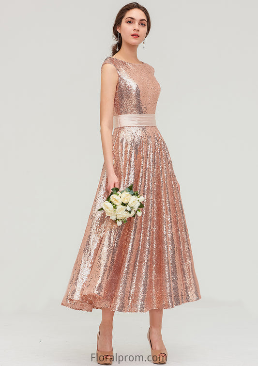 Bateau Sleeveless Tea-Length Sequined A-line/Princess Bridesmaid Dresses With Sashes Everly HJP0025474