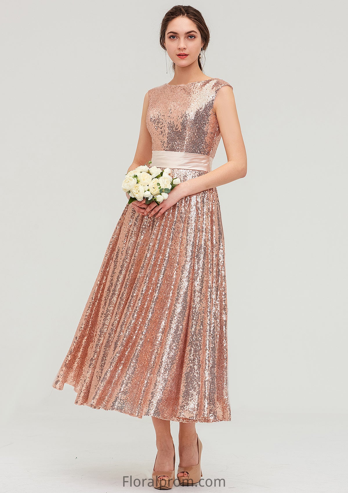 Bateau Sleeveless Tea-Length Sequined A-line/Princess Bridesmaid Dresses With Sashes Everly HJP0025474