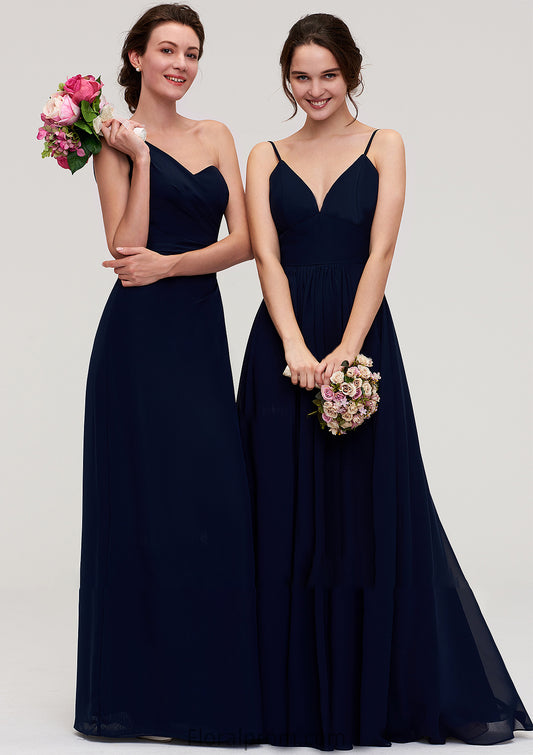 Sleeveless One-Shoulder A-line/Princess Chiffon Long/Floor-Length Bridesmaid Dresses With Pleated Leanna HJP0025475