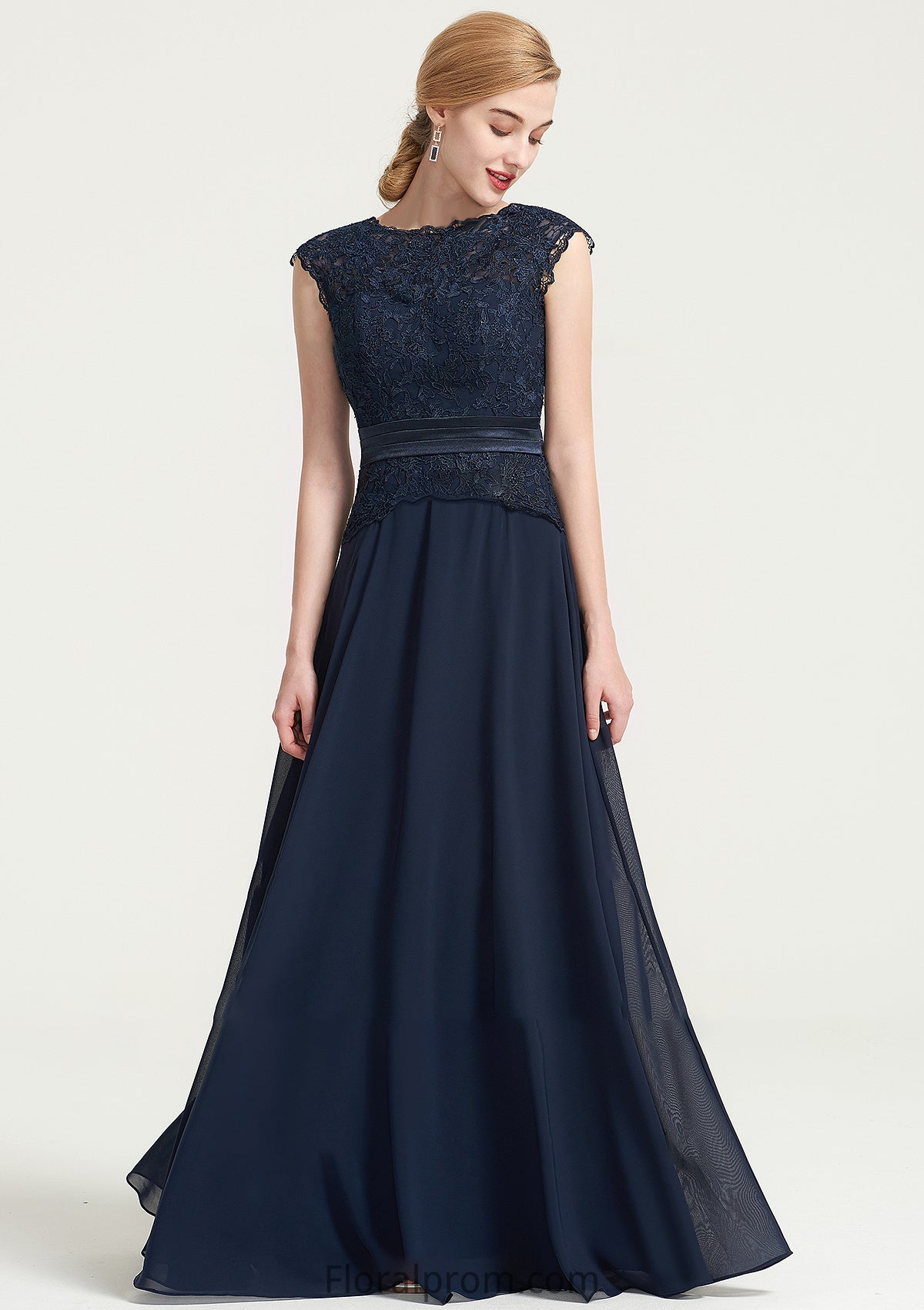 Bateau Sleeveless A-line/Princess Chiffon Long/Floor-Length Bridesmaid Dresses With Sashes Lace Pleated Helen HJP0025480