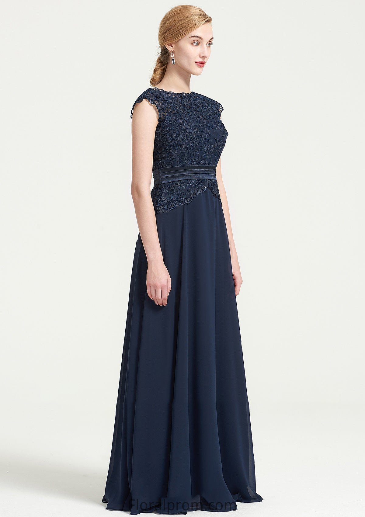 Bateau Sleeveless A-line/Princess Chiffon Long/Floor-Length Bridesmaid Dresses With Sashes Lace Pleated Helen HJP0025480