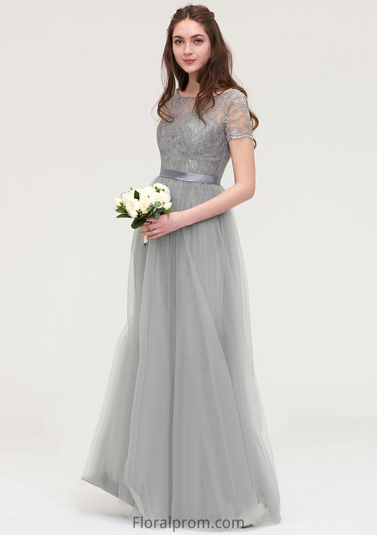 Bateau Short Sleeve Long/Floor-Length Tulle A-line/Princess Bridesmaid Dresses With Sashes Lace Anastasia HJP0025482