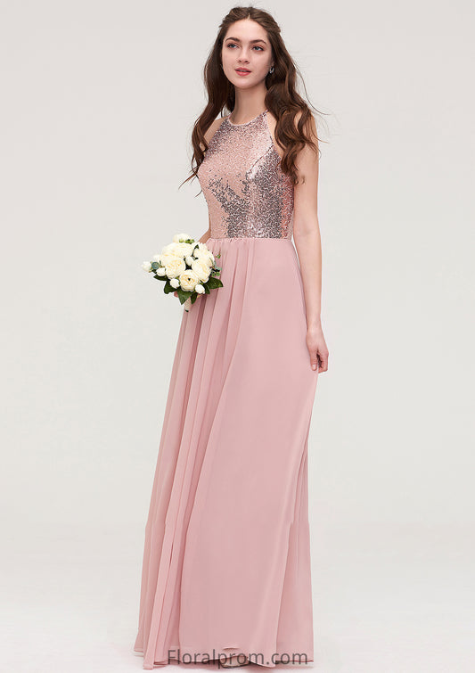 Sleeveless Bateau Long/Floor-Length Chiffon A-line/Princess Bridesmaid Dresses With Sequins Hanna HJP0025484