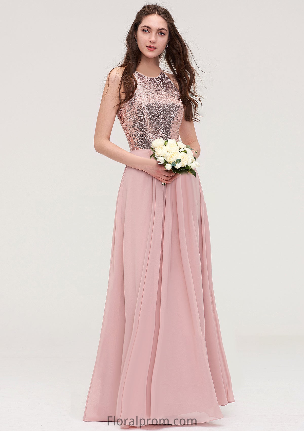 Sleeveless Bateau Long/Floor-Length Chiffon A-line/Princess Bridesmaid Dresses With Sequins Hanna HJP0025484