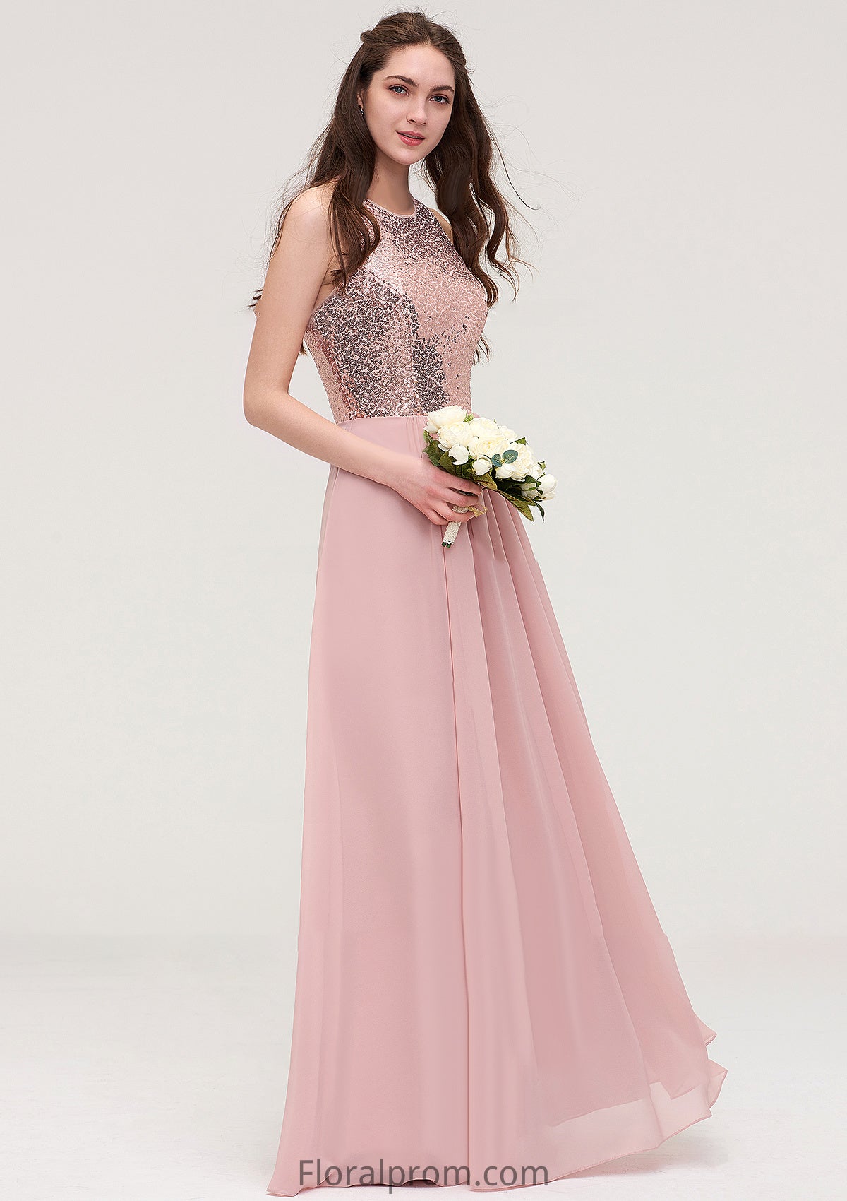 Sleeveless Bateau Long/Floor-Length Chiffon A-line/Princess Bridesmaid Dresses With Sequins Hanna HJP0025484