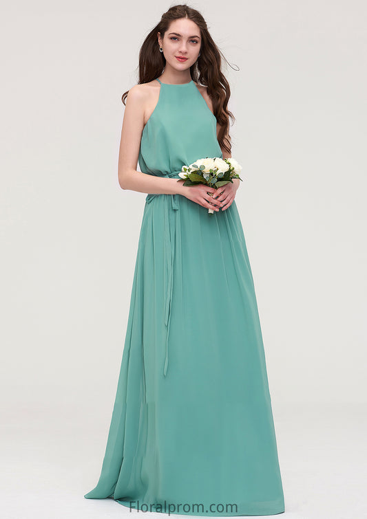 High-Neck Sleeveless Long/Floor-Length Chiffon A-line/Princess Bridesmaid Dresses With Sashes Trinity HJP0025485