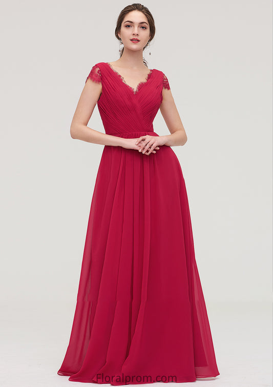 Sleeveless V Neck Long/Floor-Length Chiffon A-line/Princess Bridesmaid Dresses With Lace Pleated Mareli HJP0025486