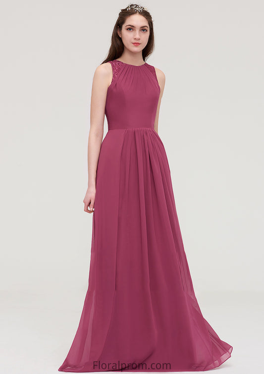 Bateau Sleeveless Long/Floor-Length Chiffon A-line/Princess Bridesmaid Dresses With Lace Pleated Christina HJP0025488