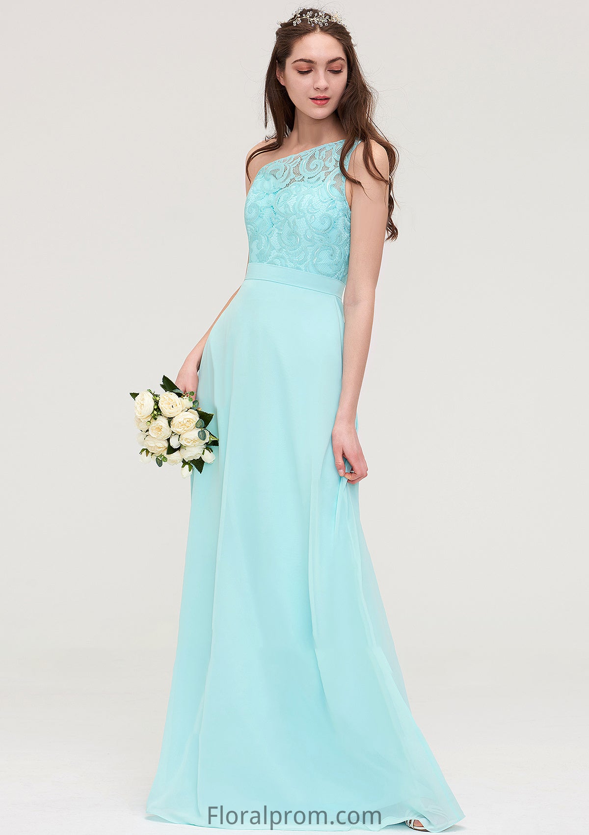 One-Shoulder Sleeveless Long/Floor-Length Chiffon A-line/Princess Bridesmaid Dresses With Lace Cornelia HJP0025491