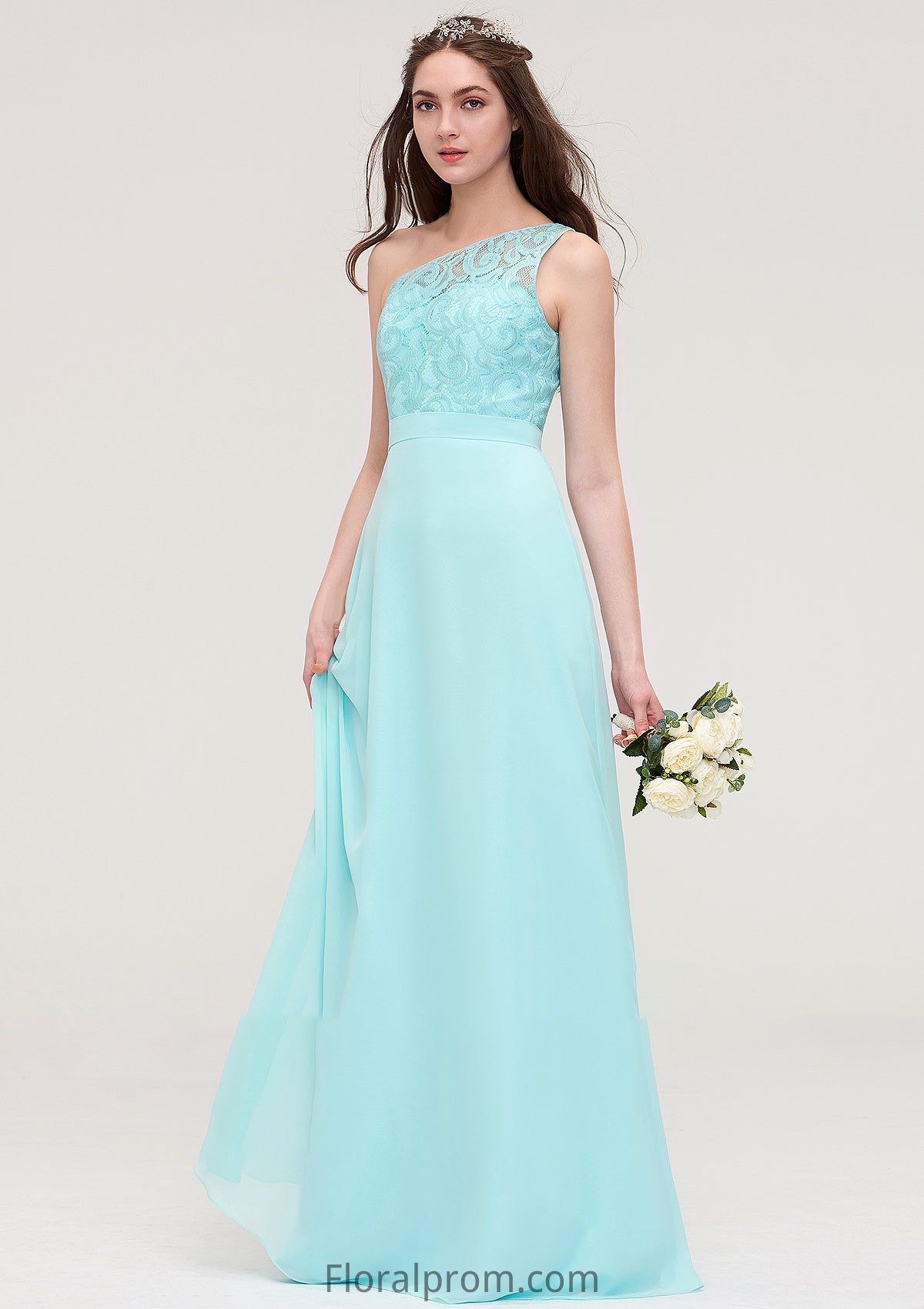 One-Shoulder Sleeveless Long/Floor-Length Chiffon A-line/Princess Bridesmaid Dresses With Lace Cornelia HJP0025491