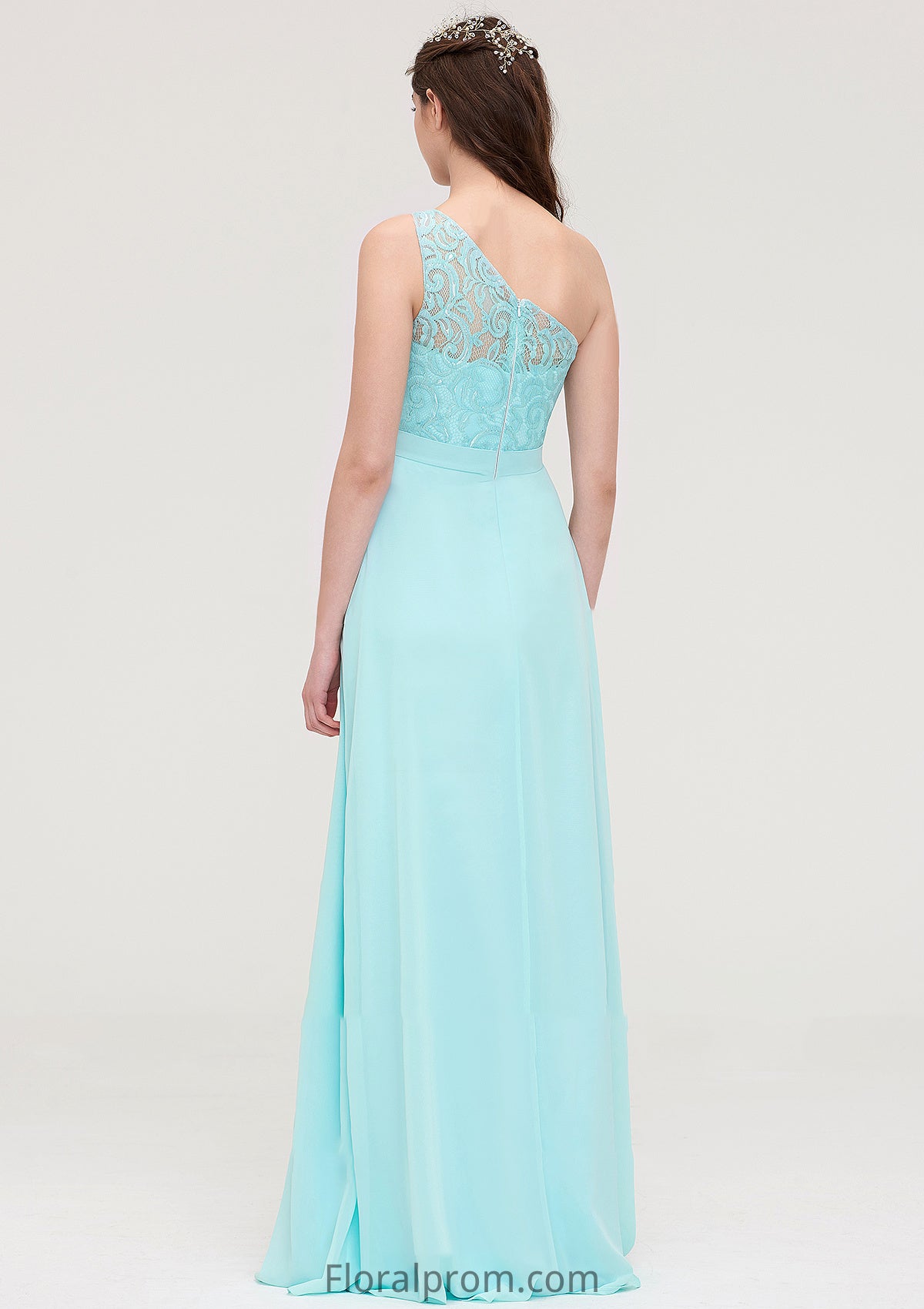 One-Shoulder Sleeveless Long/Floor-Length Chiffon A-line/Princess Bridesmaid Dresses With Lace Cornelia HJP0025491