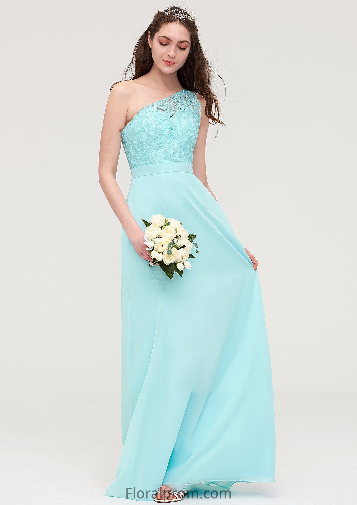 One-Shoulder Sleeveless Long/Floor-Length Chiffon A-line/Princess Bridesmaid Dresses With Lace Cornelia HJP0025491