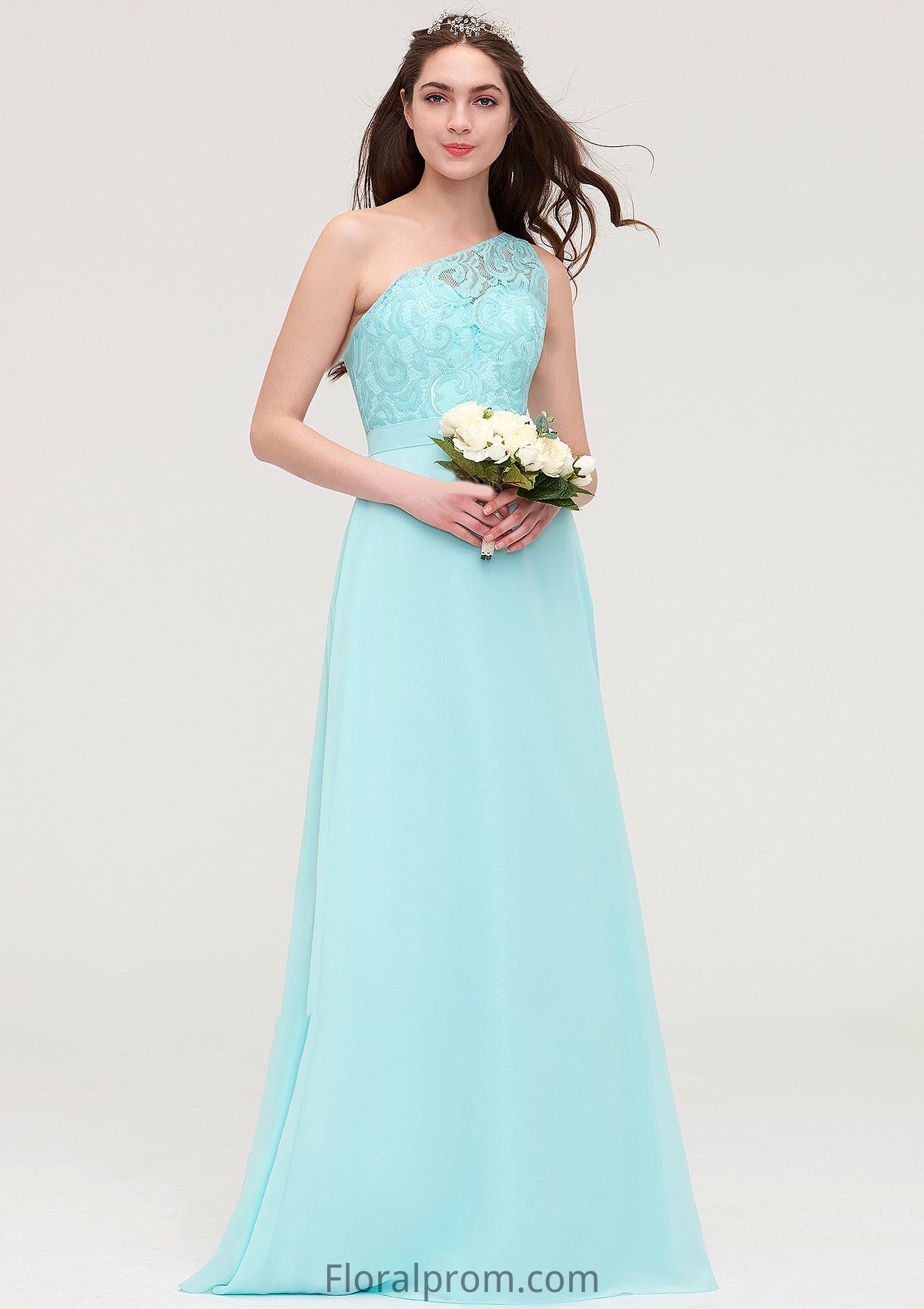 One-Shoulder Sleeveless Long/Floor-Length Chiffon A-line/Princess Bridesmaid Dresses With Lace Cornelia HJP0025491