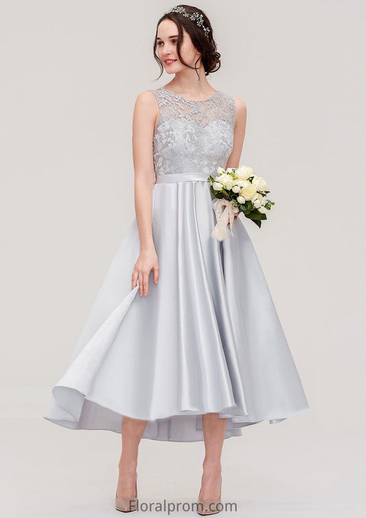 Bateau Sleeveless Tea-Length Satin A-line/Princess Bridesmaid Dresses With Sashes Lace Lillie HJP0025495