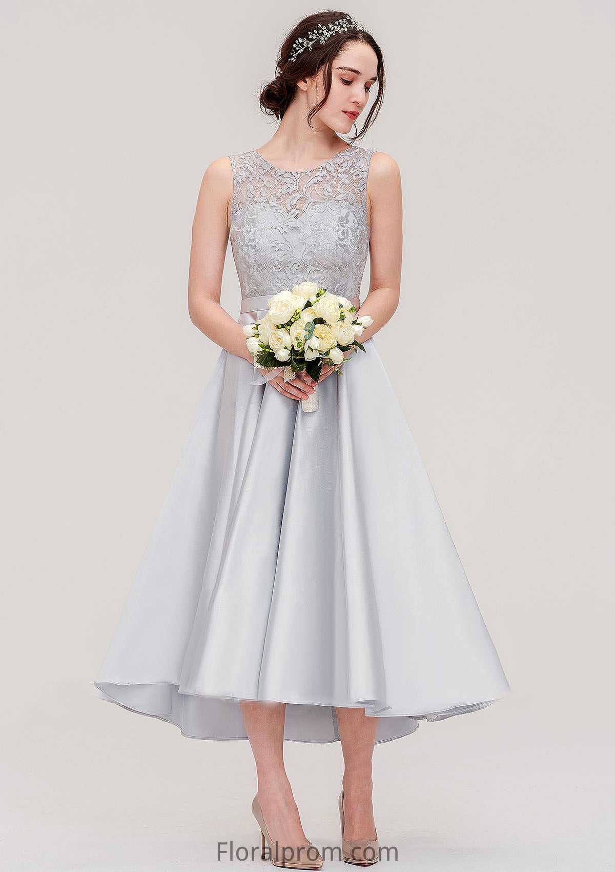 Bateau Sleeveless Tea-Length Satin A-line/Princess Bridesmaid Dresses With Sashes Lace Lillie HJP0025495