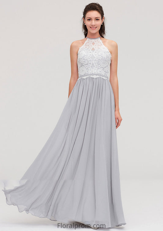 Sleeveless Scoop Neck A-line/Princess Chiffon Long/Floor-Length Bridesmaid Dresseses With Lace Kaliyah HJP0025497