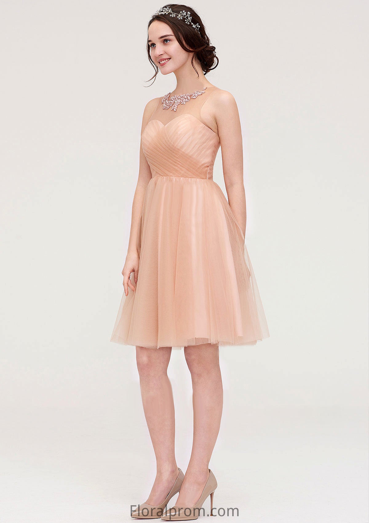 Bateau Sleeveless A-line/Princess Tulle Knee-Length Bridesmaid Dresses With Pleated Beading Kamila HJP0025498