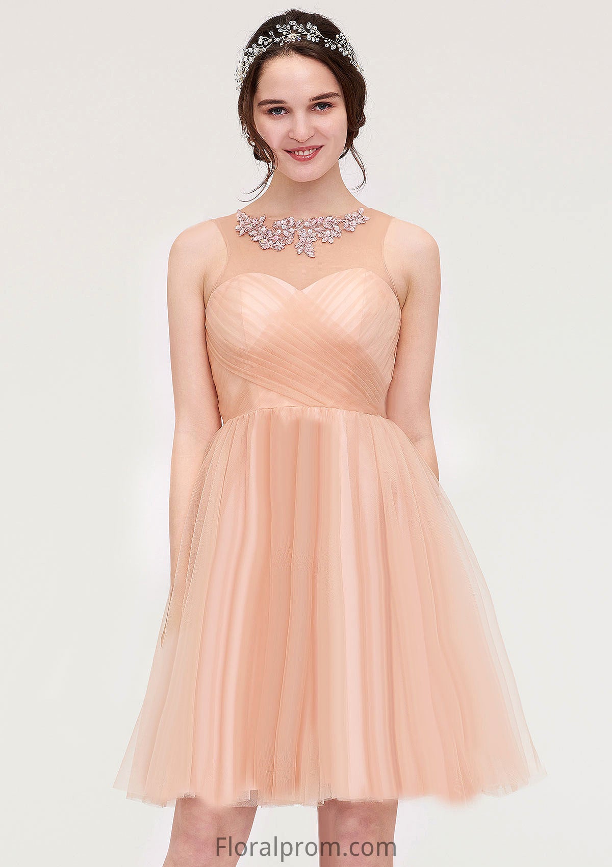 Bateau Sleeveless A-line/Princess Tulle Knee-Length Bridesmaid Dresses With Pleated Beading Kamila HJP0025498