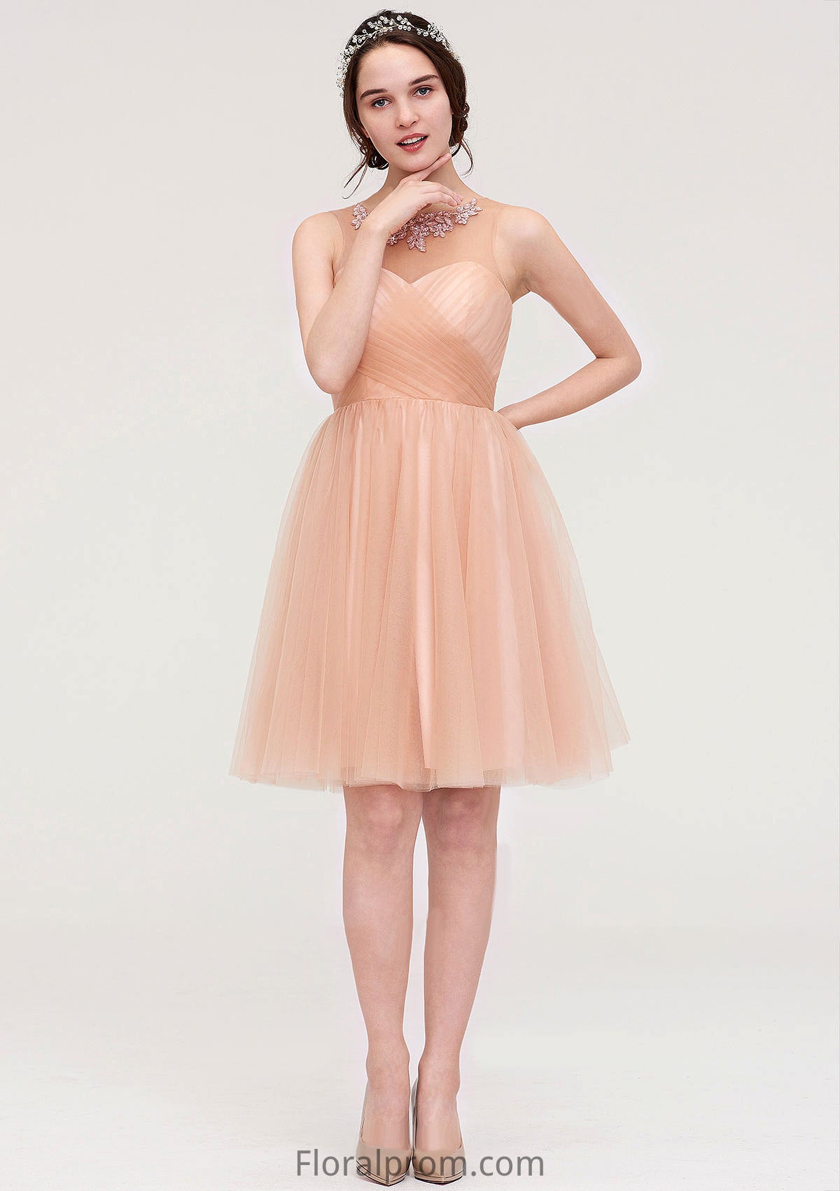 Bateau Sleeveless A-line/Princess Tulle Knee-Length Bridesmaid Dresses With Pleated Beading Kamila HJP0025498