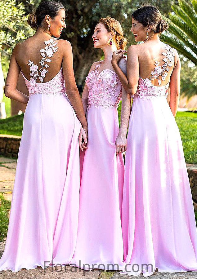 Sleeveless One-Shoulder Sweep Train A-line/Princess Chiffon Bridesmaid Dresseses With Appliqued Mallory HJP0025506