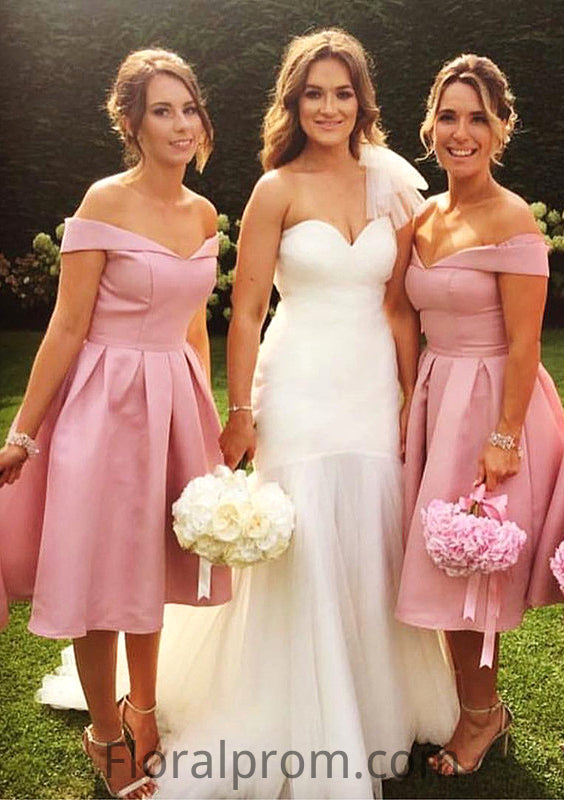 Sleeveless Off-the-Shoulder Tea-Length A-line/Princess Satin Bridesmaid Dresseses With Pleated Kelsey HJP0025508