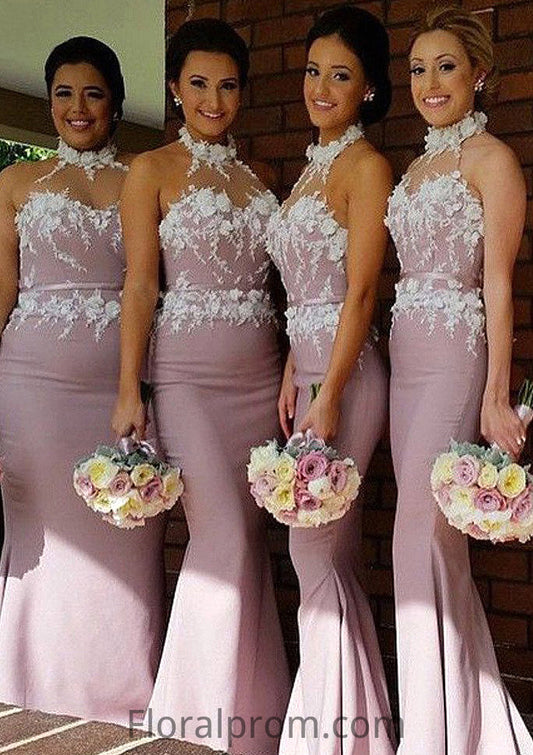 Halter Sleeveless Sweep Train Sheath/Column Satin Bridesmaid Dresses With Appliqued Yazmin HJP0025515