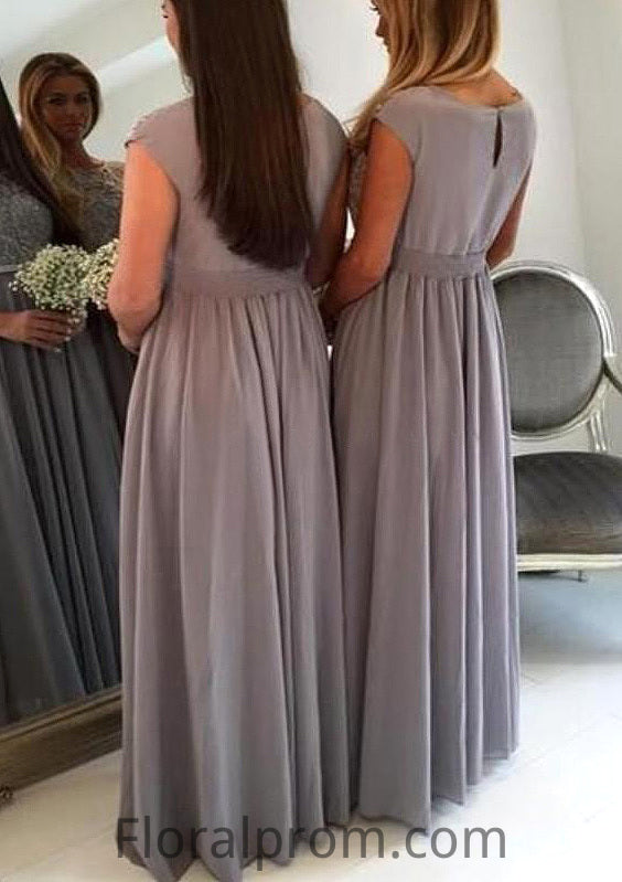 Bateau A-Line/Princess Long/Floor-Length Chiffon Bridesmaid Dresses With Appliqued Jaden HJP0025517