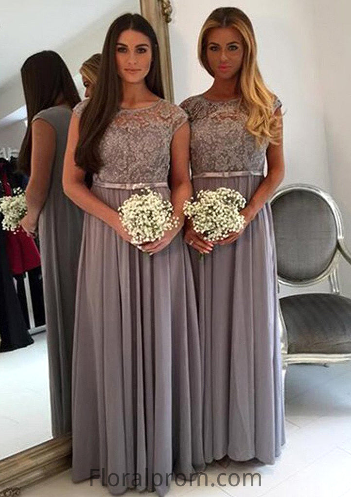 Bateau A-Line/Princess Long/Floor-Length Chiffon Bridesmaid Dresses With Appliqued Jaden HJP0025517