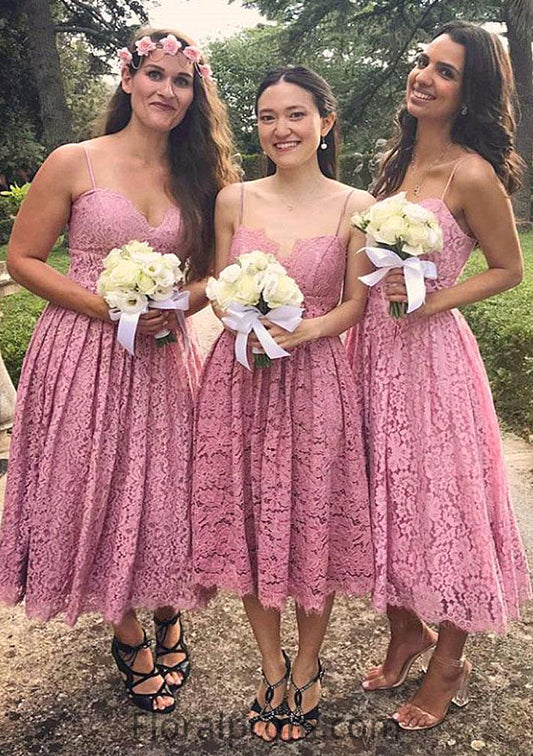 Sleeveless Sweetheart Tea-Length A-line/Princess Lace Bridesmaid Dresseses With Pleated Terri HJP0025518