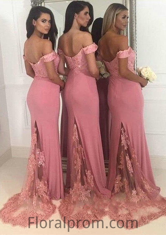 Sleeveless Off-the-Shoulder Sweep Train Sheath/Column Jersey Bridesmaid Dresseses With Lace Beading Valentina HJP0025519