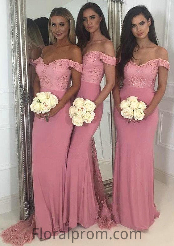 Sleeveless Off-the-Shoulder Sweep Train Sheath/Column Jersey Bridesmaid Dresseses With Lace Beading Valentina HJP0025519