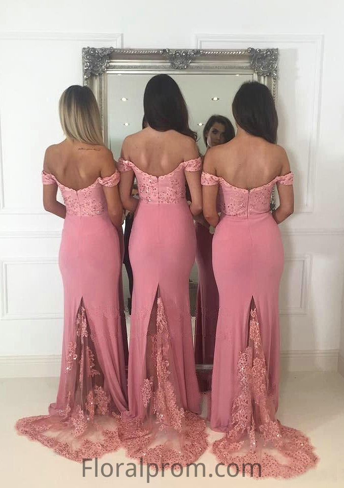 Sleeveless Off-the-Shoulder Sweep Train Sheath/Column Jersey Bridesmaid Dresseses With Lace Beading Valentina HJP0025519