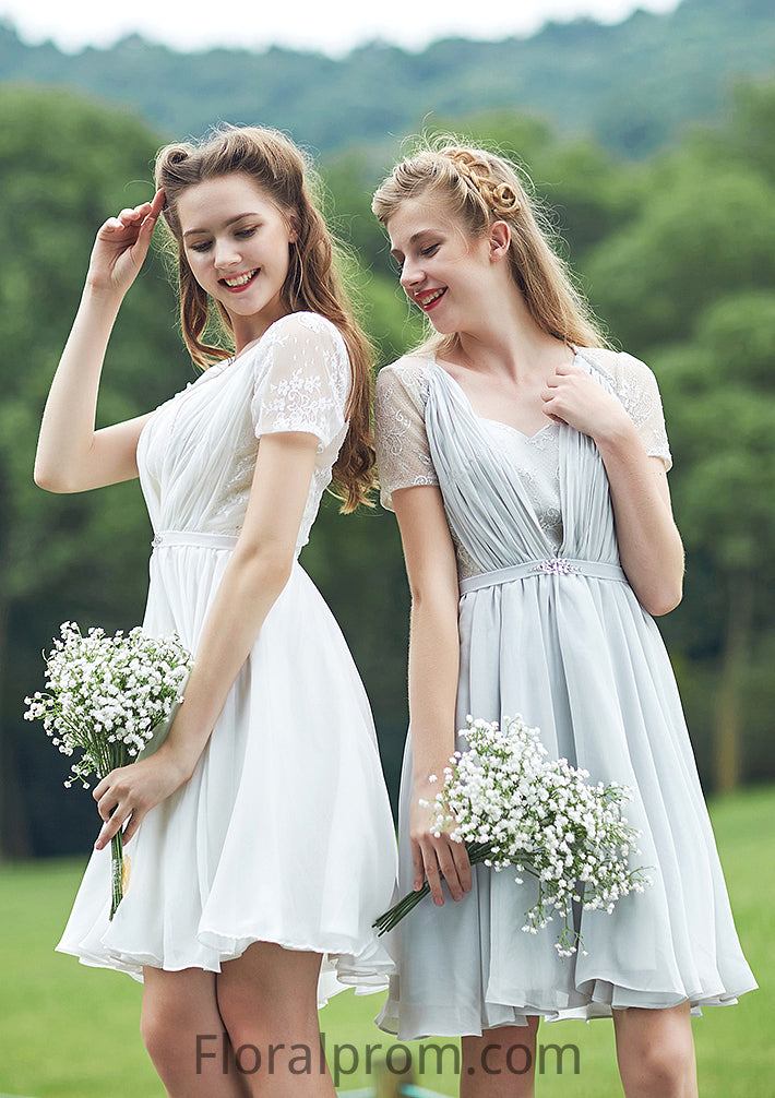 Short/Mini Scalloped Neck Short Sleeve Chiffon A-line/Princess Bridesmaid Dresseses With Lace Kali HJP0025520