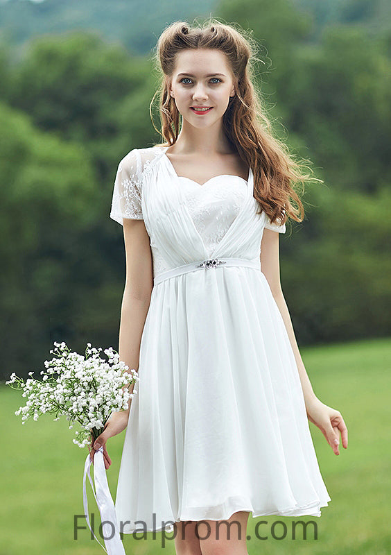 Short/Mini Scalloped Neck Short Sleeve Chiffon A-line/Princess Bridesmaid Dresseses With Lace Kali HJP0025520