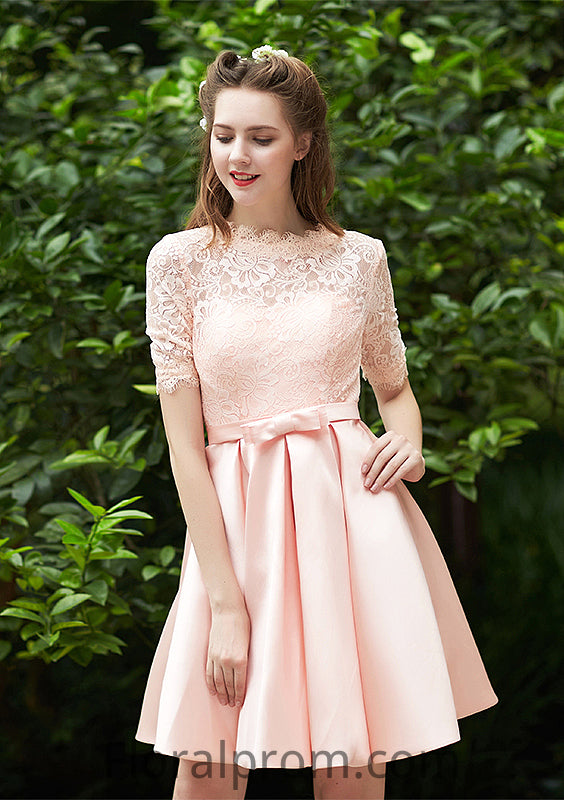 Bateau Short Sleeve Short/Mini A-line/Princess Satin Bridesmaid Dresses With Waistband Pleated Lace Addison HJP0025521