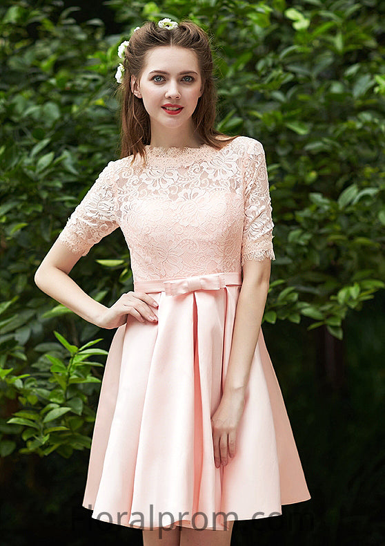 Bateau Short Sleeve Short/Mini A-line/Princess Satin Bridesmaid Dresses With Waistband Pleated Lace Addison HJP0025521