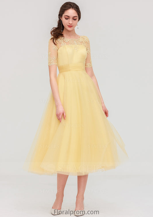 Bateau Short Sleeve A-line/Princess Tulle Tea-Length  Bridesmaid Dresses With Pleated Lace Madilyn HJP0025522