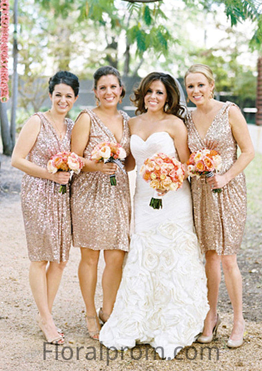 Sleeveless V Neck Knee-Length A-line/Princess Sequined Bridesmaid Dresses Brylee HJP0025527